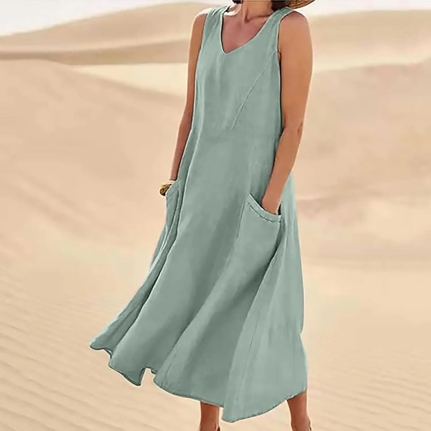 Summer Beach Dresses for Women Casual Loose Flowy Maxi Dress with Pocket Plus Size Bohemian Sleeveless Sundress Ladies