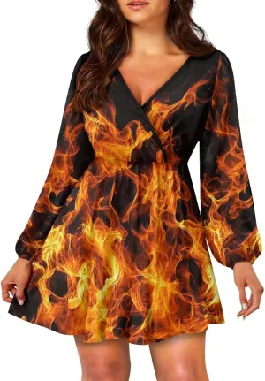 Summer Dress Mini Dress Deep V Neck Long Sleeve Dress Short Jumpsuits for Party Beach Cocktail