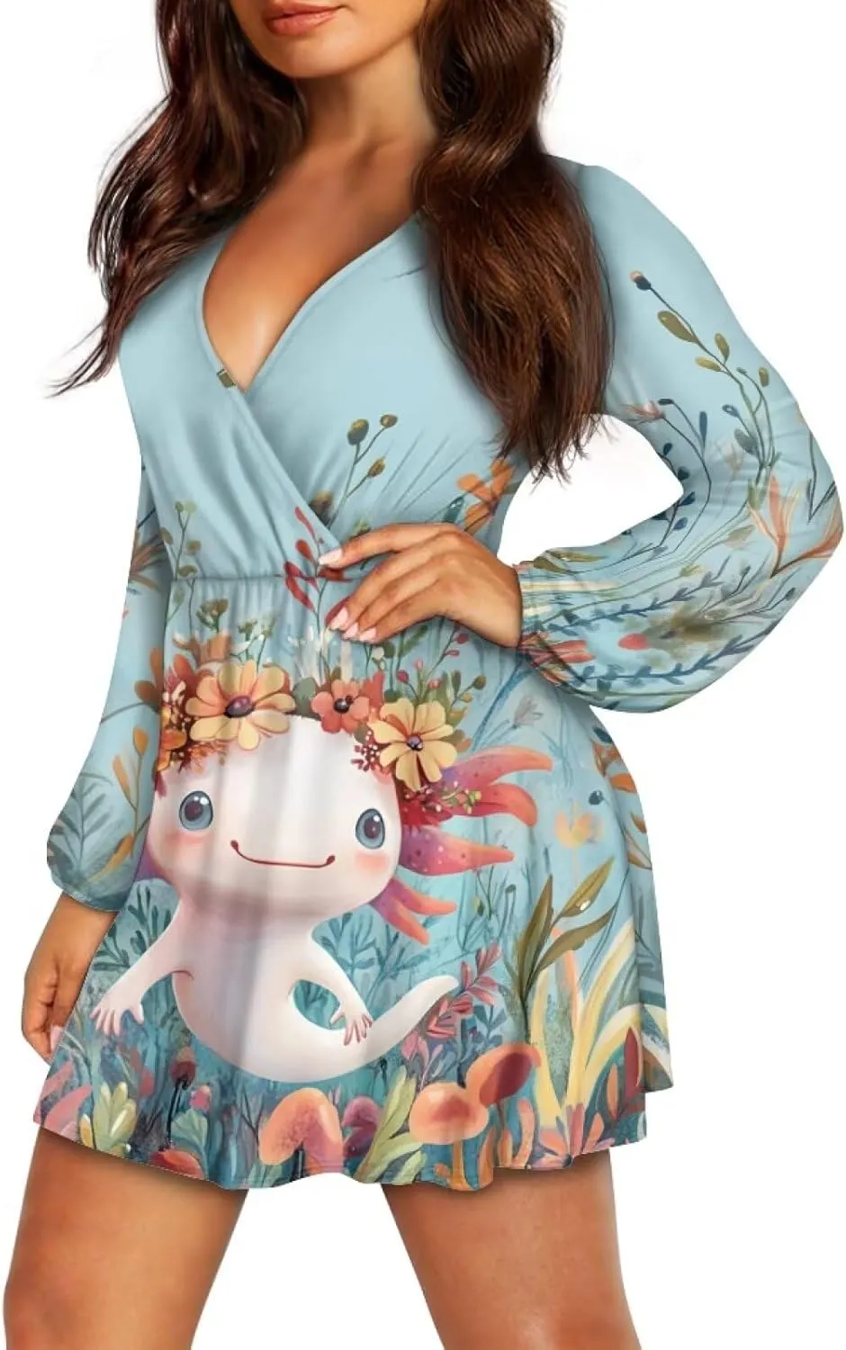 Summer Dress Mini Dress Deep V Neck Long Sleeve Dress Short Jumpsuits for Party Beach Cocktail