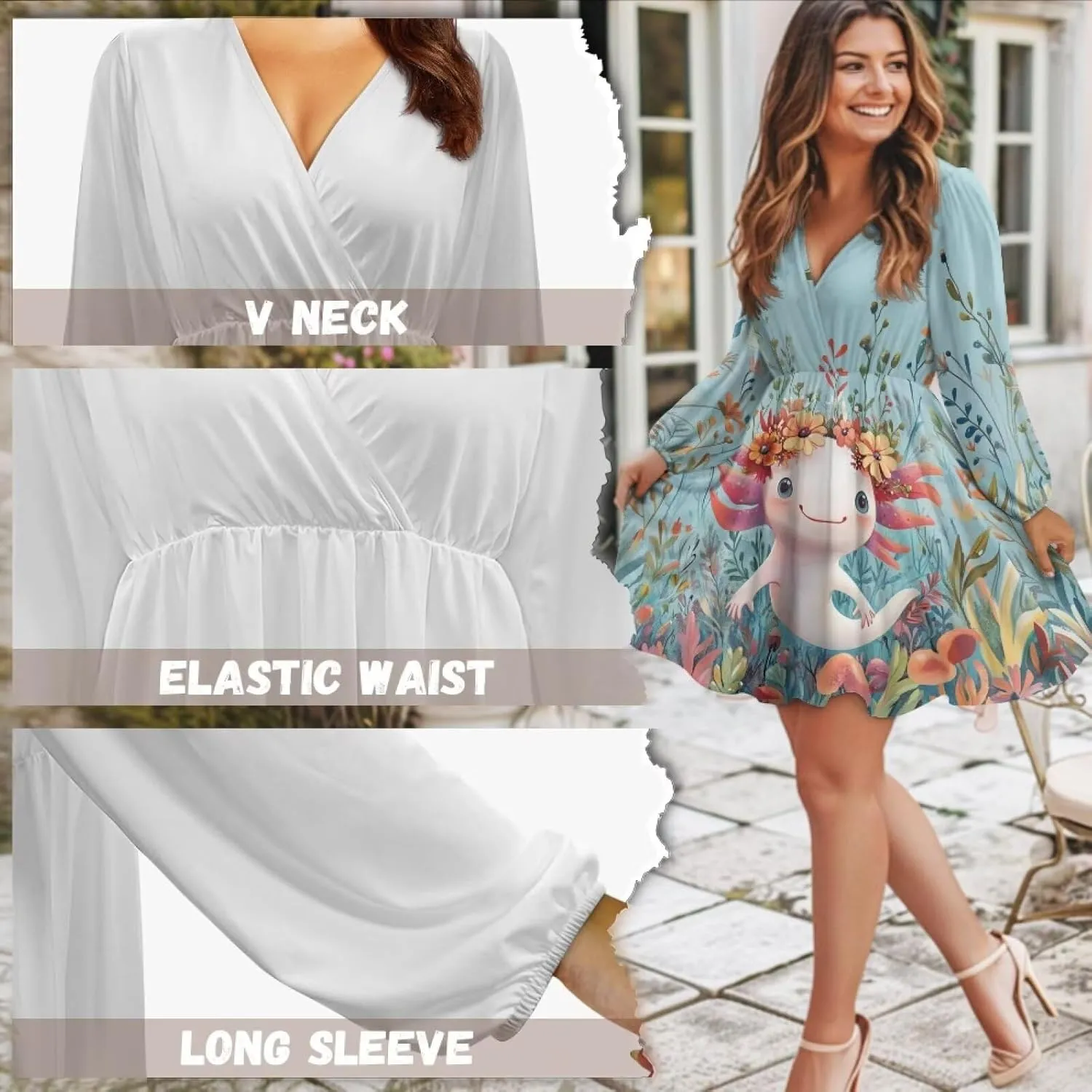 Summer Dress Mini Dress Deep V Neck Long Sleeve Dress Short Jumpsuits for Party Beach Cocktail