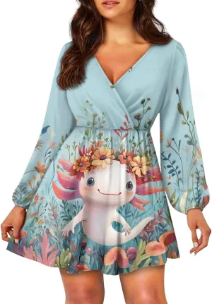 Summer Dress Mini Dress Deep V Neck Long Sleeve Dress Short Jumpsuits for Party Beach Cocktail