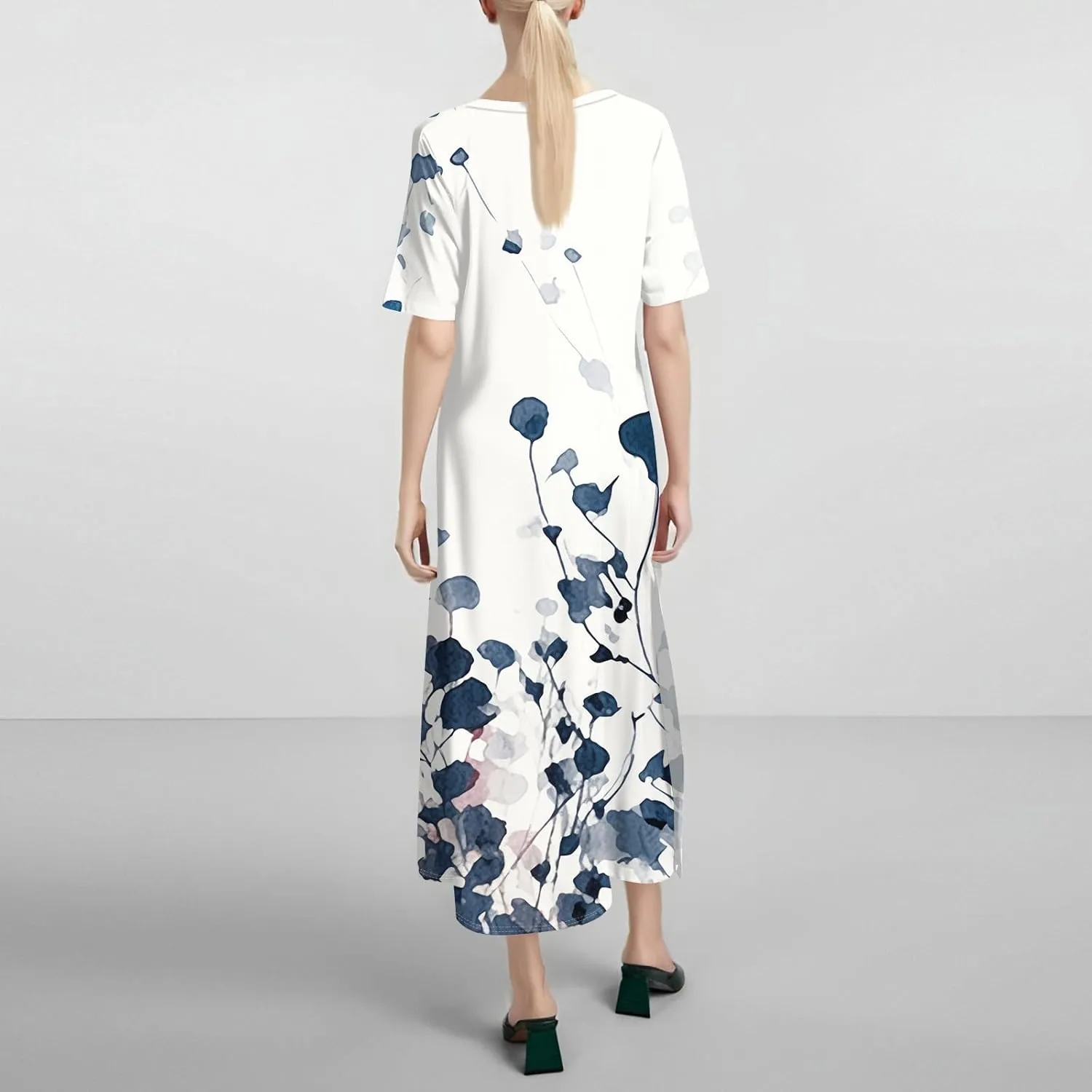 Summer Dress Short Sleeve Casual Tunic Maxi Dresses Woman Vacation Beach Split Dress for Women with Pockets