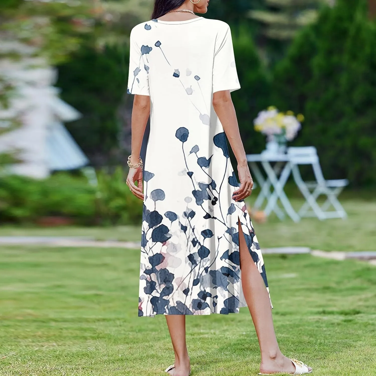 Summer Dress Short Sleeve Casual Tunic Maxi Dresses Woman Vacation Beach Split Dress for Women with Pockets