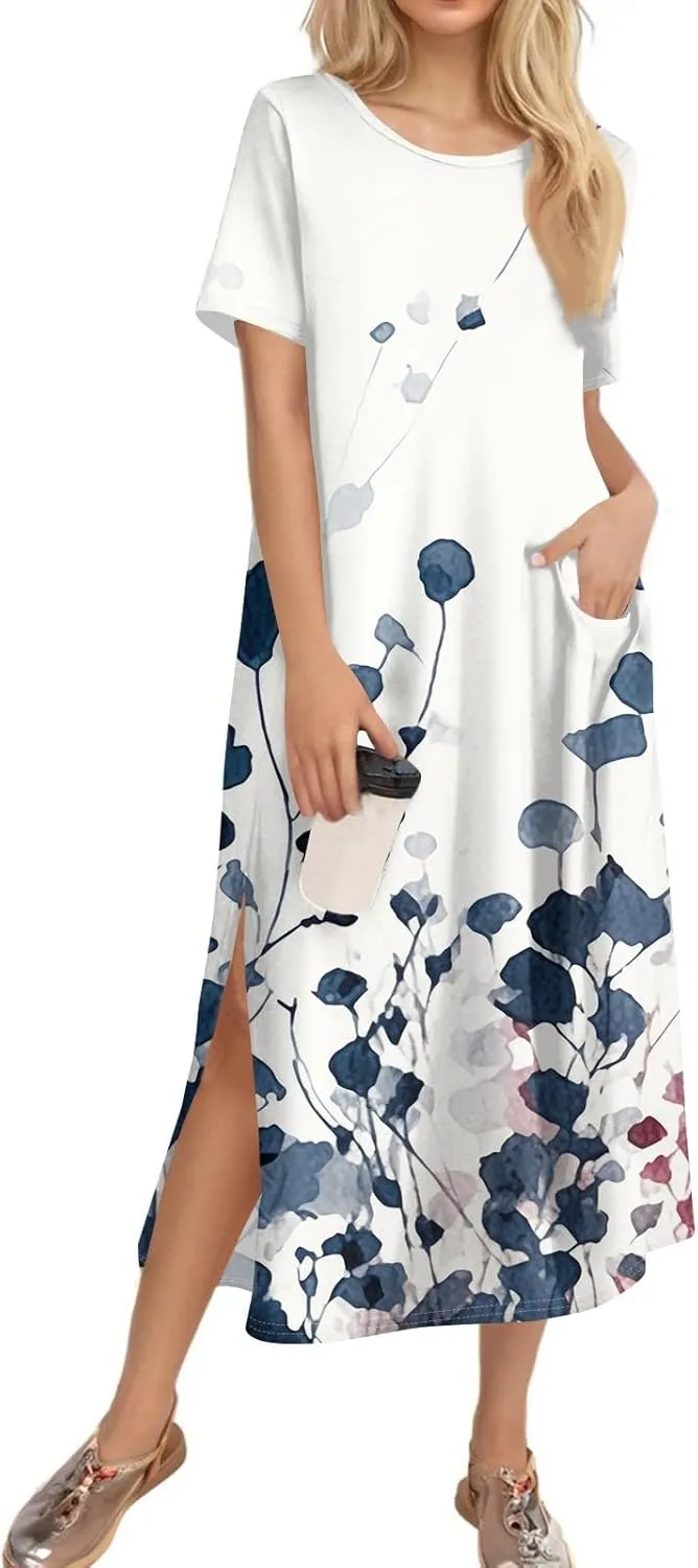 Summer Dress Short Sleeve Casual Tunic Maxi Dresses Woman Vacation Beach Split Dress for Women with Pockets