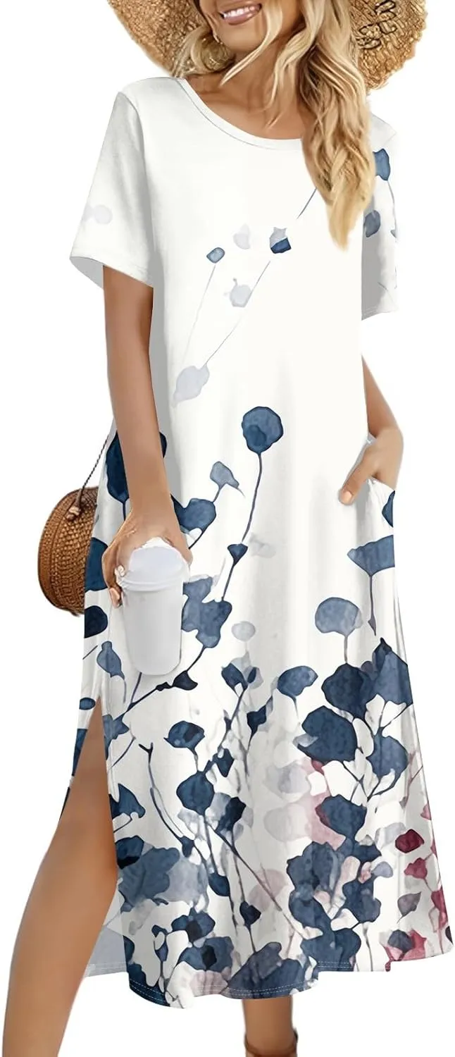 Summer Dress Short Sleeve Casual Tunic Maxi Dresses Woman Vacation Beach Split Dress for Women with Pockets