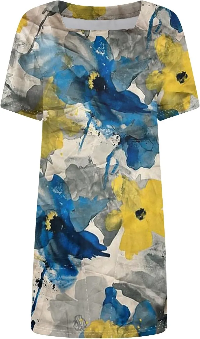 Summer Dress T-Shirt Dress Short Sleeve Square Neck Plus Size Dresses for Curvy Women Fashion Mini Dress with Pockets