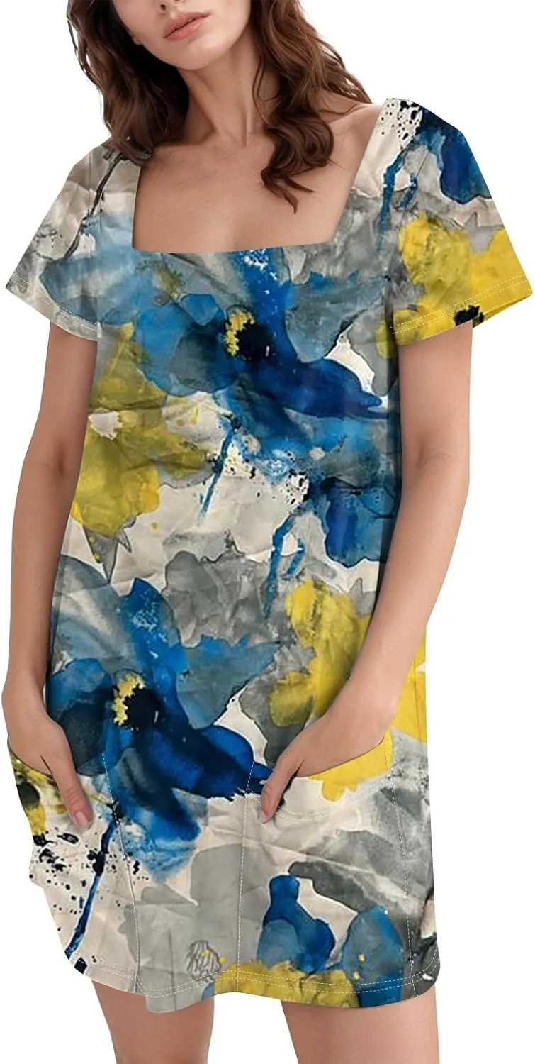 Summer Dress T-Shirt Dress Short Sleeve Square Neck Plus Size Dresses for Curvy Women Fashion Mini Dress with Pockets