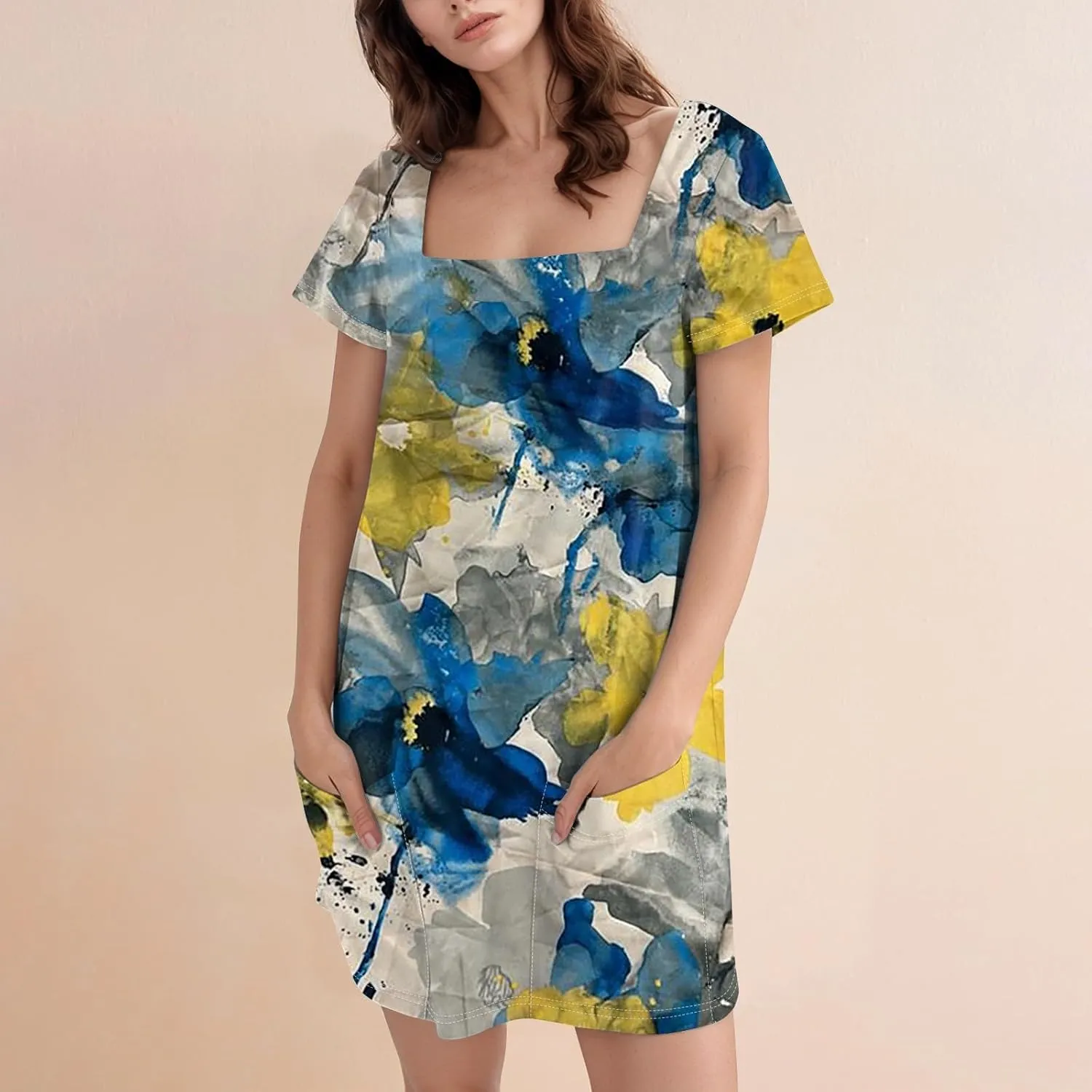 Summer Dress T-Shirt Dress Short Sleeve Square Neck Plus Size Dresses for Curvy Women Fashion Mini Dress with Pockets