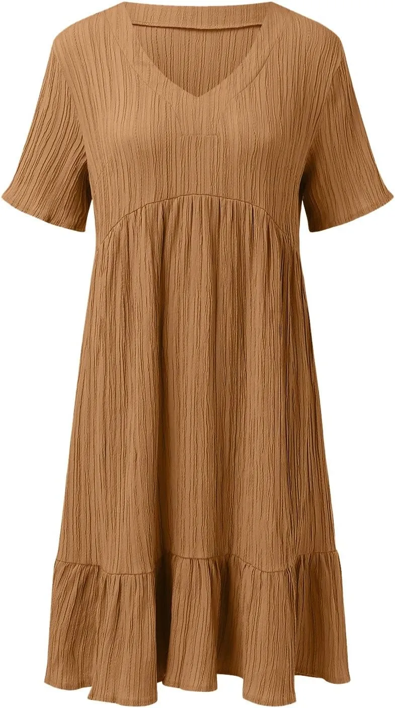 Summer Dresses for Women 2024 Pleated Tiered A Line Flowy Midi Dress Casual Fashion Short Sleeve V Neck Sundress