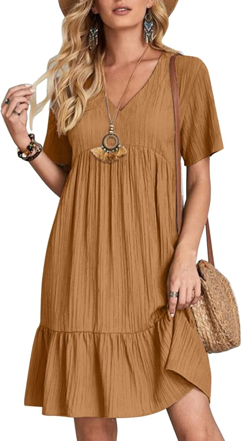 Summer Dresses for Women 2024 Pleated Tiered A Line Flowy Midi Dress Casual Fashion Short Sleeve V Neck Sundress