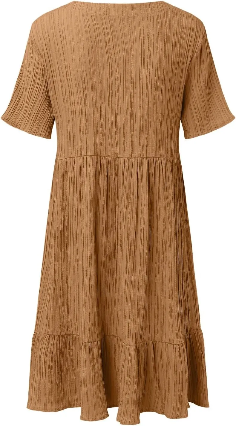 Summer Dresses for Women 2024 Pleated Tiered A Line Flowy Midi Dress Casual Fashion Short Sleeve V Neck Sundress