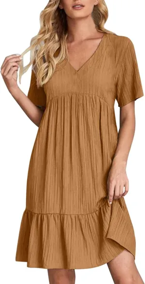 Summer Dresses for Women 2024 Pleated Tiered A Line Flowy Midi Dress Casual Fashion Short Sleeve V Neck Sundress