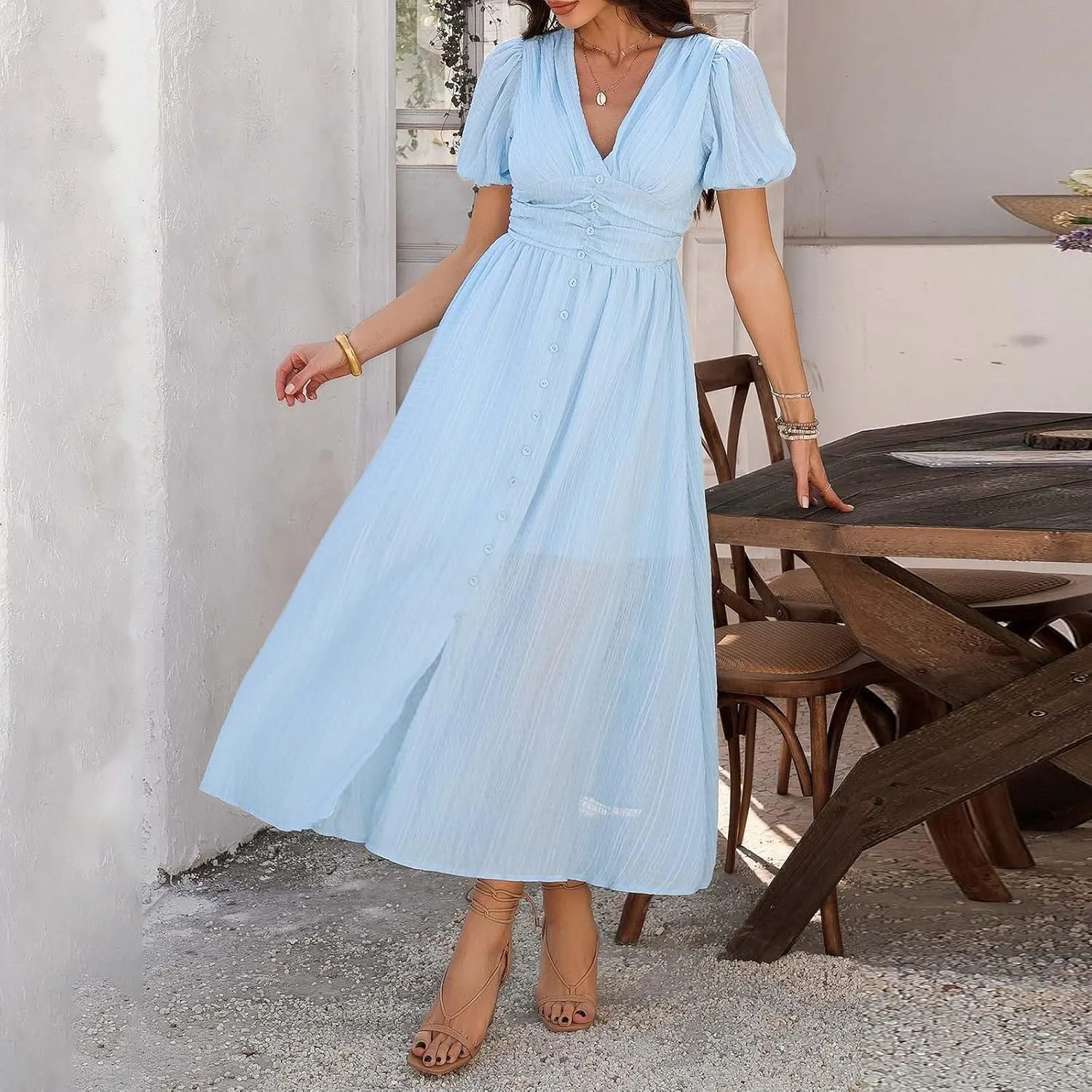 Summer Dresses for Women 2025 Boho Ruffle Swing Float A Line Maxi Dresses Lightweight Short Sleeve V Neck Beach Dress