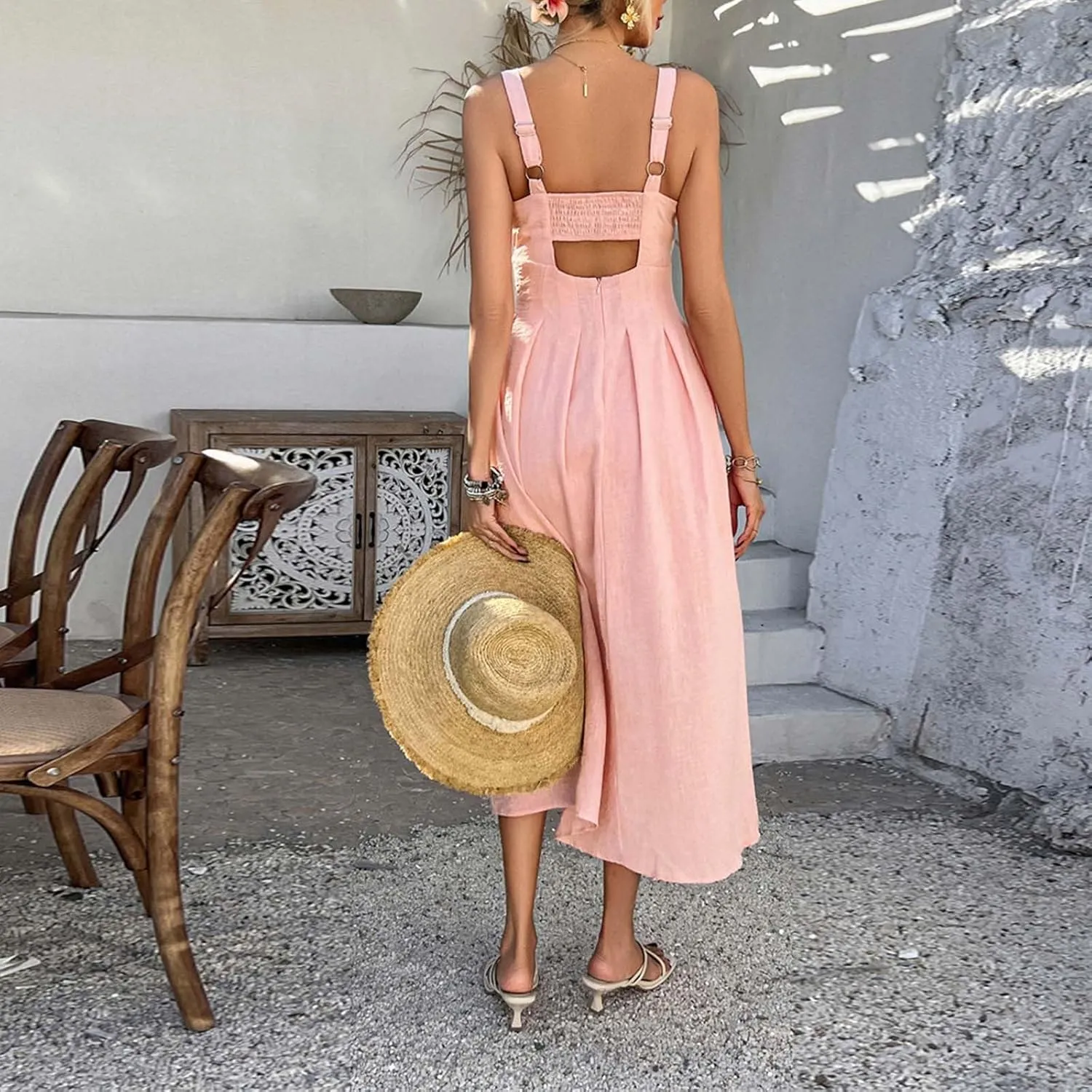 Summer Dresses for Women 2025 Boho Ruffle Swing Float A Line Maxi Dresses Lightweight Short Sleeve V Neck Beach Dress