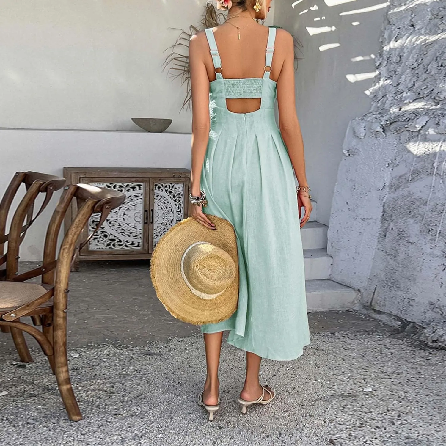 Summer Dresses for Women 2025 Boho Ruffle Swing Float A Line Maxi Dresses Lightweight Short Sleeve V Neck Beach Dress