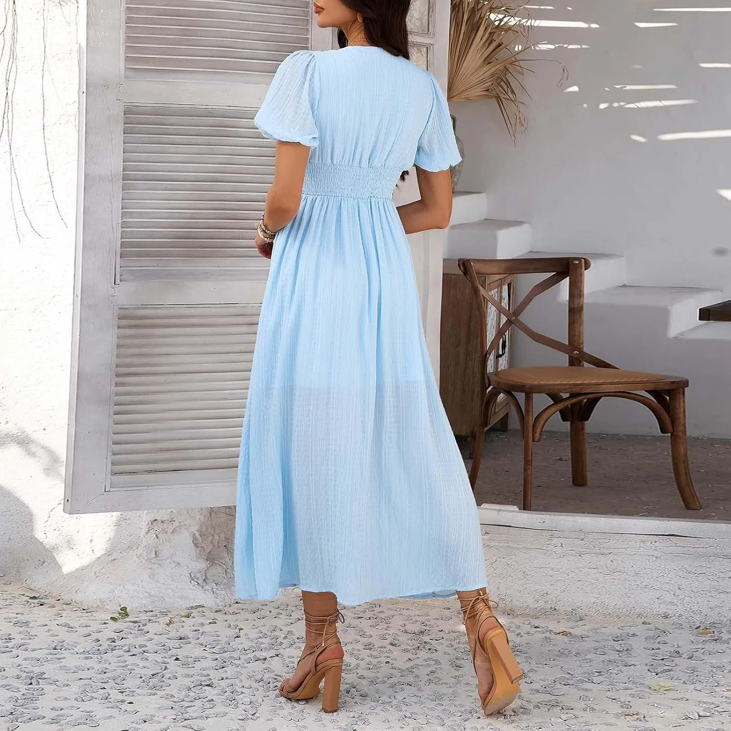 Summer Dresses for Women 2025 Boho Ruffle Swing Float A Line Maxi Dresses Lightweight Short Sleeve V Neck Beach Dress