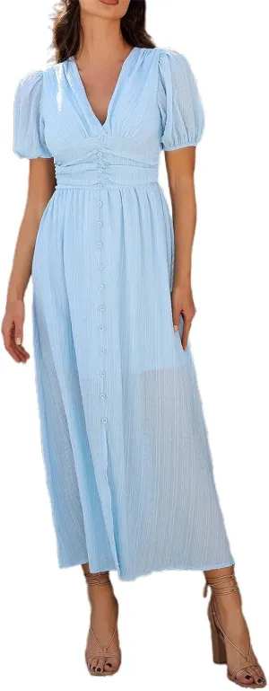 Summer Dresses for Women 2025 Boho Ruffle Swing Float A Line Maxi Dresses Lightweight Short Sleeve V Neck Beach Dress