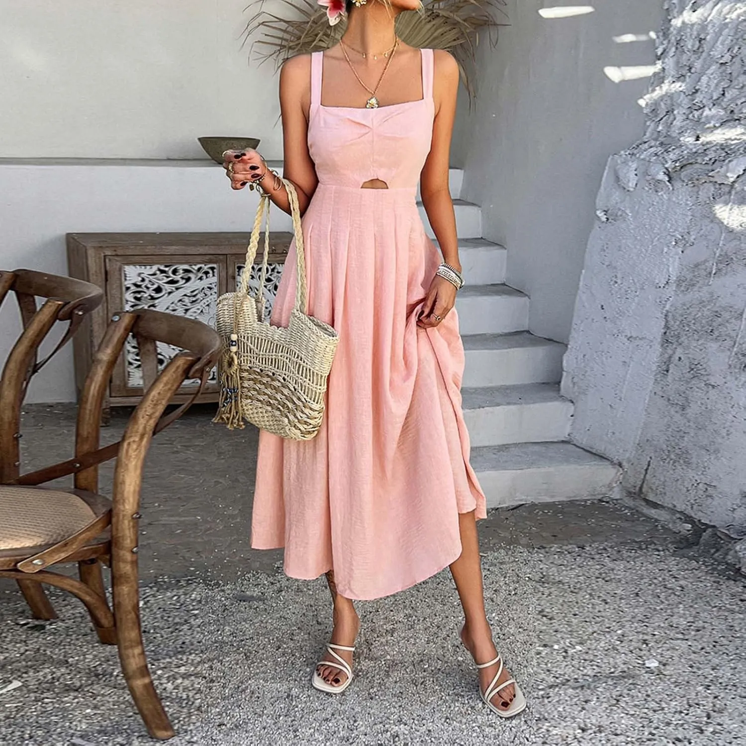 Summer Dresses for Women 2025 Boho Ruffle Swing Float A Line Maxi Dresses Lightweight Short Sleeve V Neck Beach Dress
