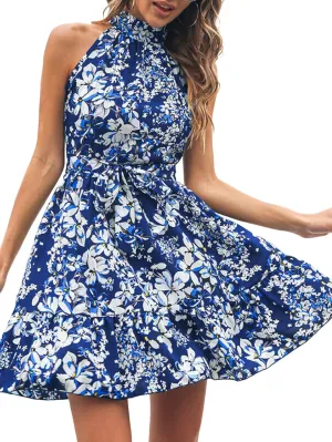 Summer Dresses for Women Beach Boho Floral Sleeveless Swing Mini Casual Ruffle Floral Tie High Waist Knee Short Crushed Dress Elegant Prom Dresses Blue XL