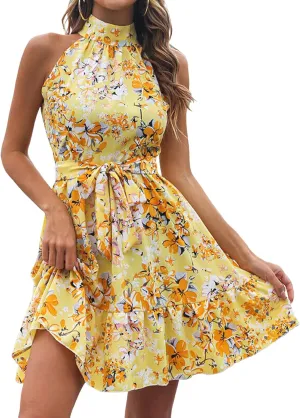 Summer Dresses for Women Beach Boho Floral Sleeveless Swing Mini Casual Ruffle Floral Tie High Waist Knee Short Crushed Dress Elegant Prom Dresses Yellow M