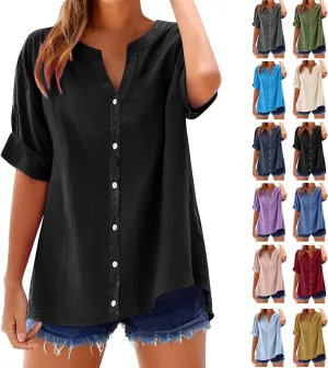 Summer Linen Work Tops for Women Trendy Button Down Plus Size V Neck Boho Clothes Spring Tops for Women 2025 Fashion