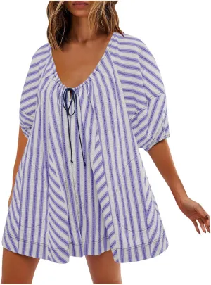 Summer Rompers for Women Striped Puff Sleeve Mini Shorts Romper Dress V Neck Jumpsuits Boho Beach Vacation Outfits
