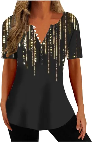 Summer Shirts for Women 2025 Plus Size Short Sleeve Henley Tops Marble Floral Loose Tshirt Tee Casual Dressy Tunics