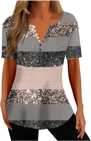 Summer Shirts for Women 2025 Plus Size Short Sleeve Henley Tops Marble Floral Loose Tshirt Tee Casual Dressy Tunics