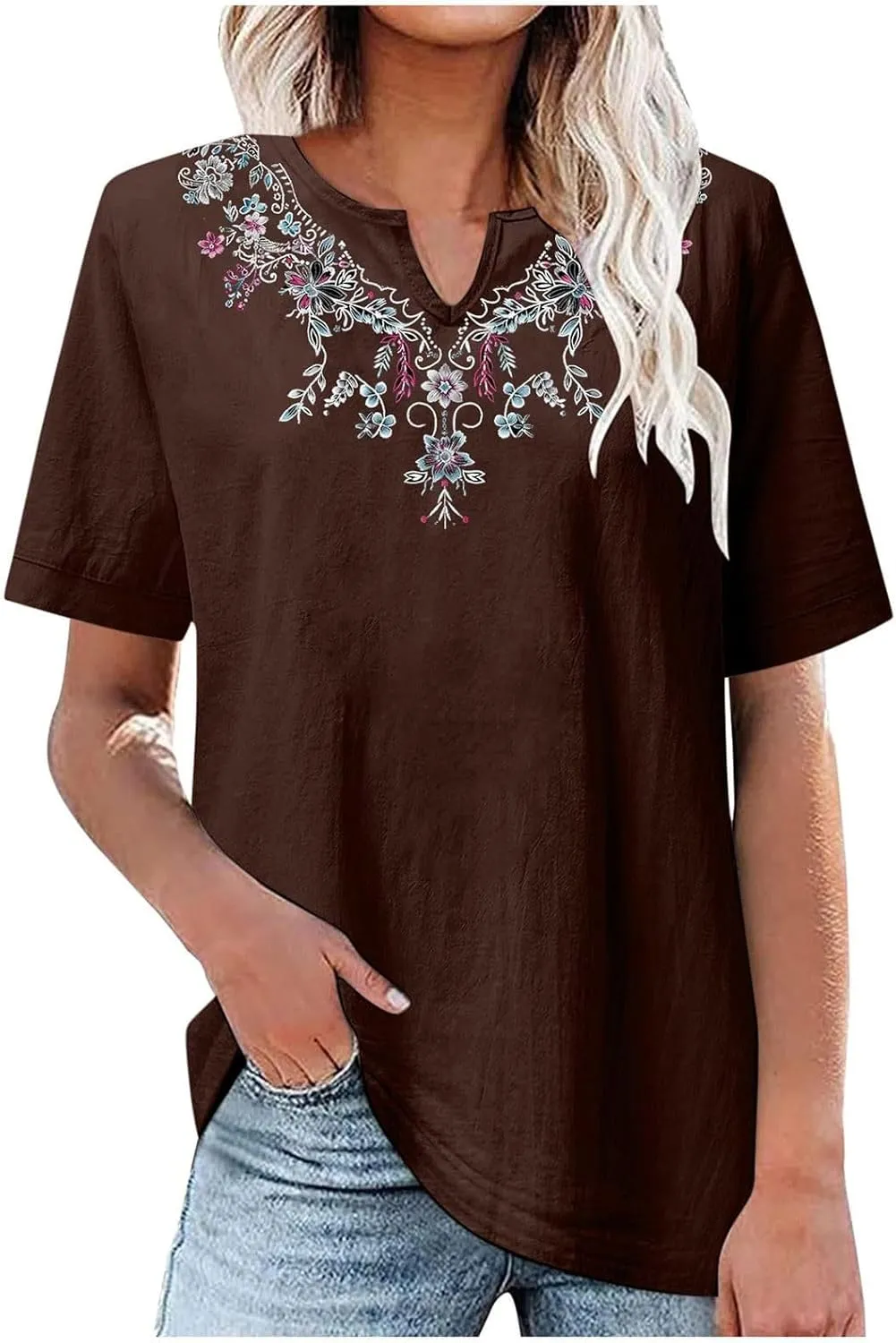Summer Tops for Women 2025 Casual Cotton Linen Short Sleeve Blouses Trendy Cute Embroidered T Shirts Spring Clothes