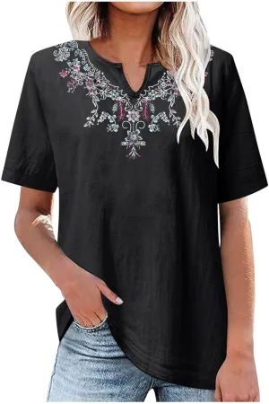 Summer Tops for Women 2025 Casual Cotton Linen Short Sleeve Blouses Trendy Cute Embroidered T Shirts Spring Clothes