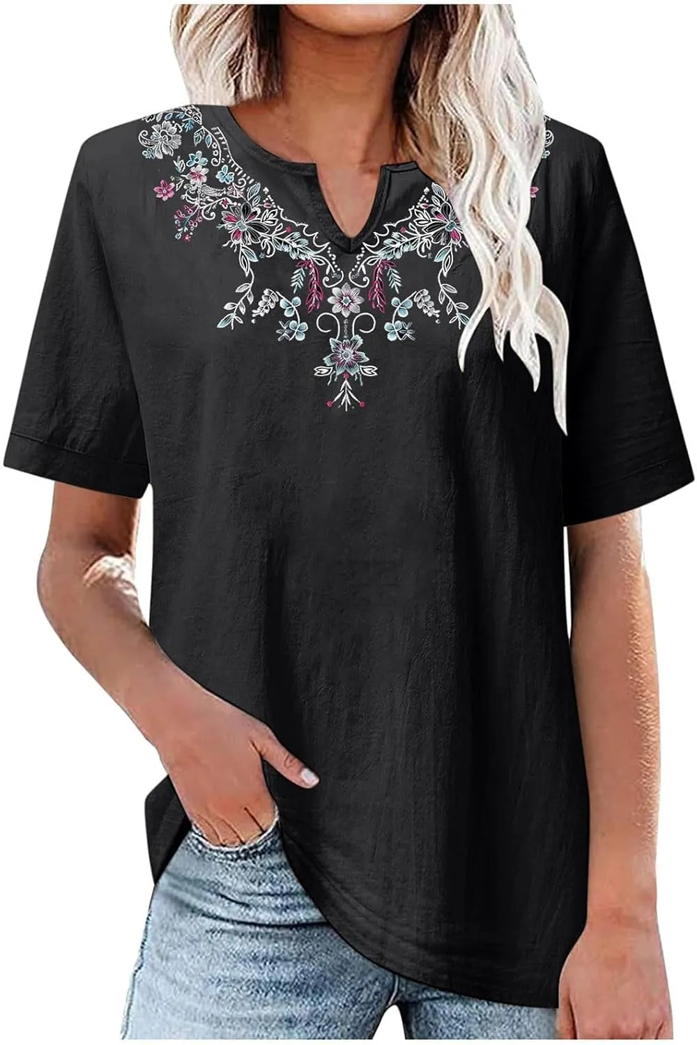 Summer Tops for Women 2025 Casual Cotton Linen Short Sleeve Blouses Trendy Cute Embroidered T Shirts Spring Clothes