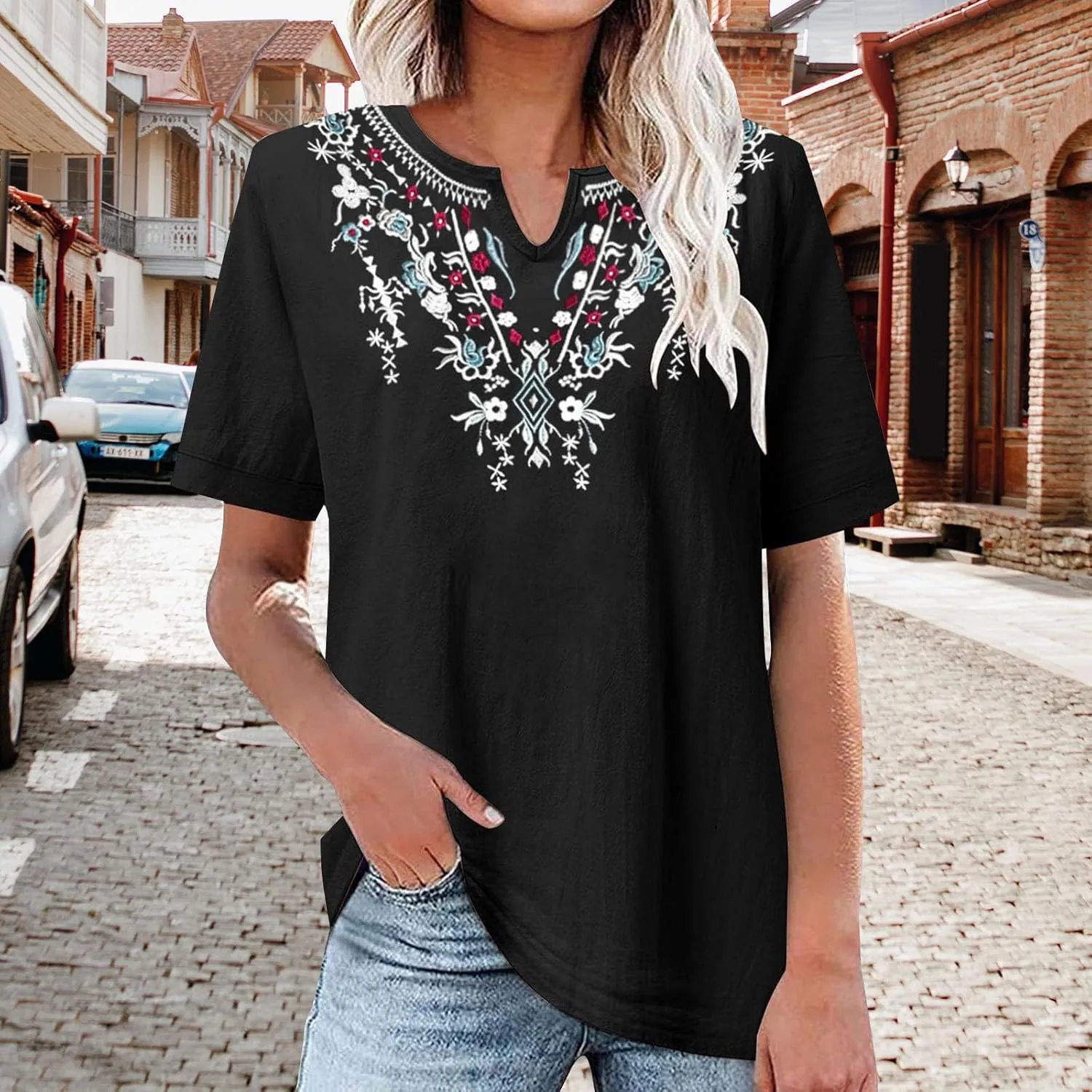 Summer Tops for Women 2025 Casual Cotton Linen Short Sleeve Blouses Trendy Cute Embroidered T Shirts Spring Clothes