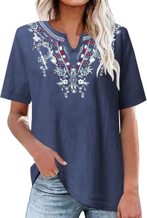 Summer Tops for Women 2025 Casual Cotton Linen Short Sleeve Blouses Trendy Cute Embroidered T Shirts Spring Clothes