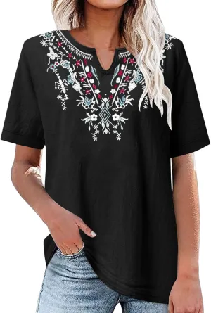 Summer Tops for Women 2025 Casual Cotton Linen Short Sleeve Blouses Trendy Cute Embroidered T Shirts Spring Clothes