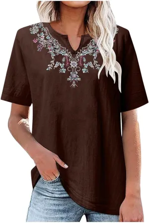 Summer Tops for Women 2025 Casual Cotton Linen Short Sleeve Blouses Trendy Cute Embroidered T Shirts Spring Clothes