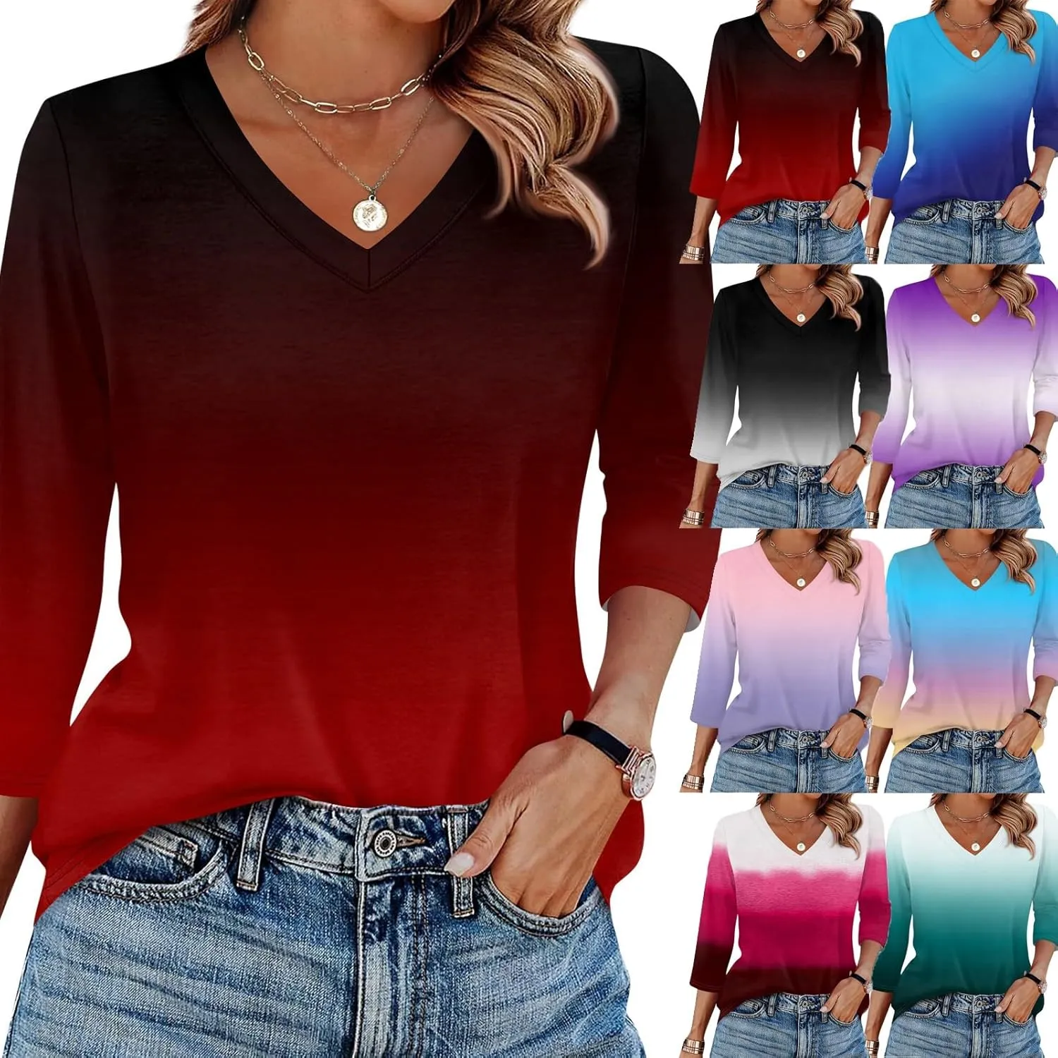 Summer Tops for Women 2025 Trendy 3/4 Sleeve Basic V Neck Tunic T Shirts Loose Blouse Dressy Casual Work Office Wear