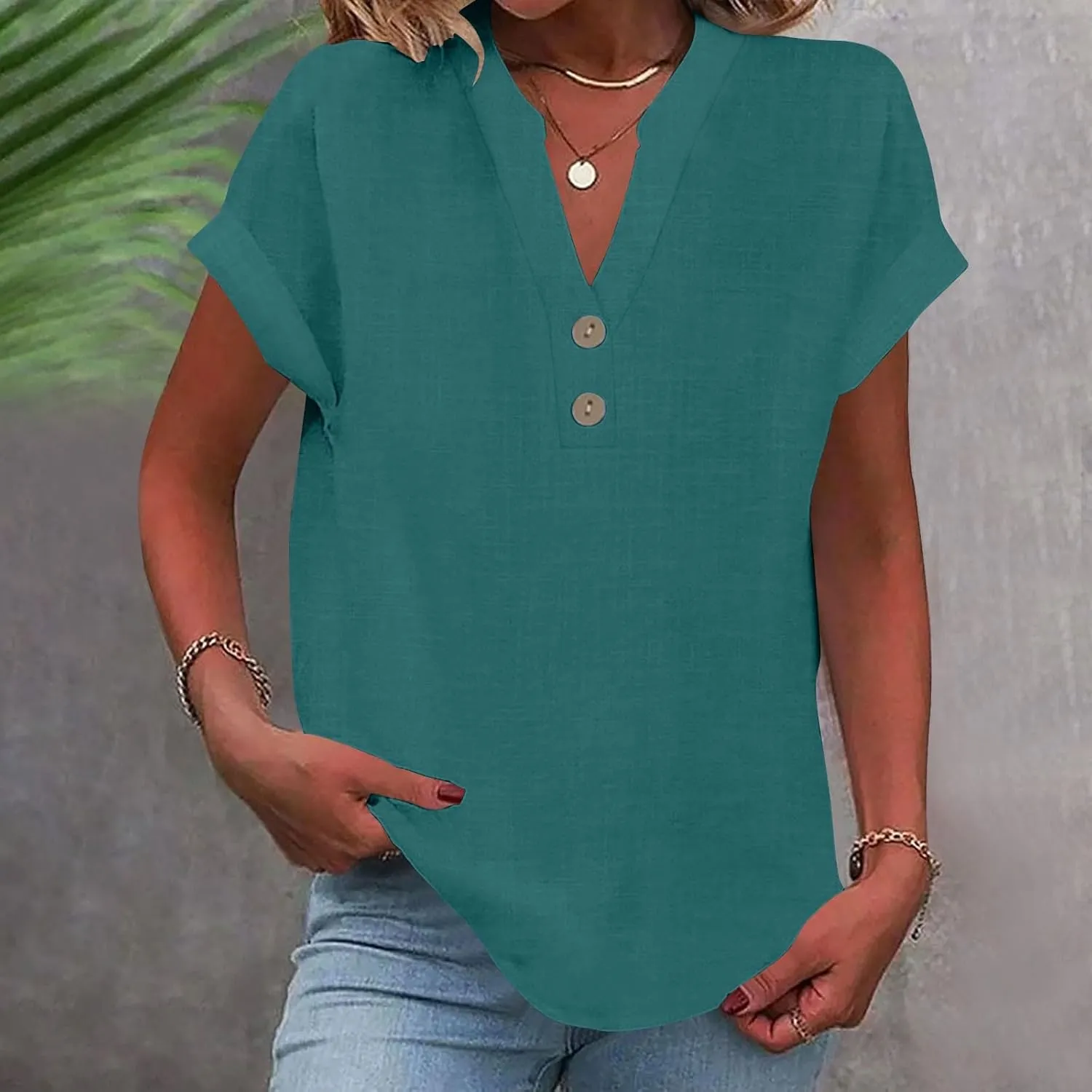 Summer Tops for Women 2025 Trendy Short Sleeve Cotton Linen Tops Button up Henley V Neck Shirts Vacation Beach Clothes