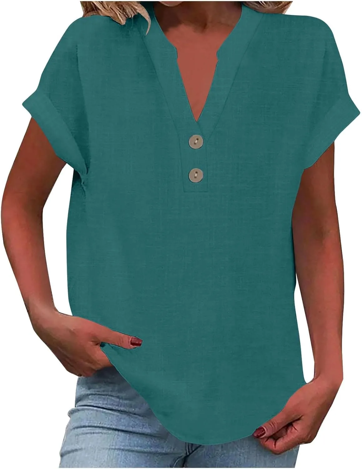 Summer Tops for Women 2025 Trendy Short Sleeve Cotton Linen Tops Button up Henley V Neck Shirts Vacation Beach Clothes