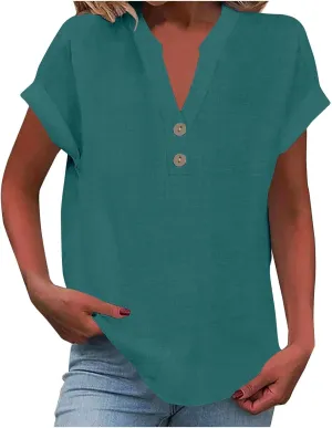 Summer Tops for Women 2025 Trendy Short Sleeve Cotton Linen Tops Button up Henley V Neck Shirts Vacation Beach Clothes