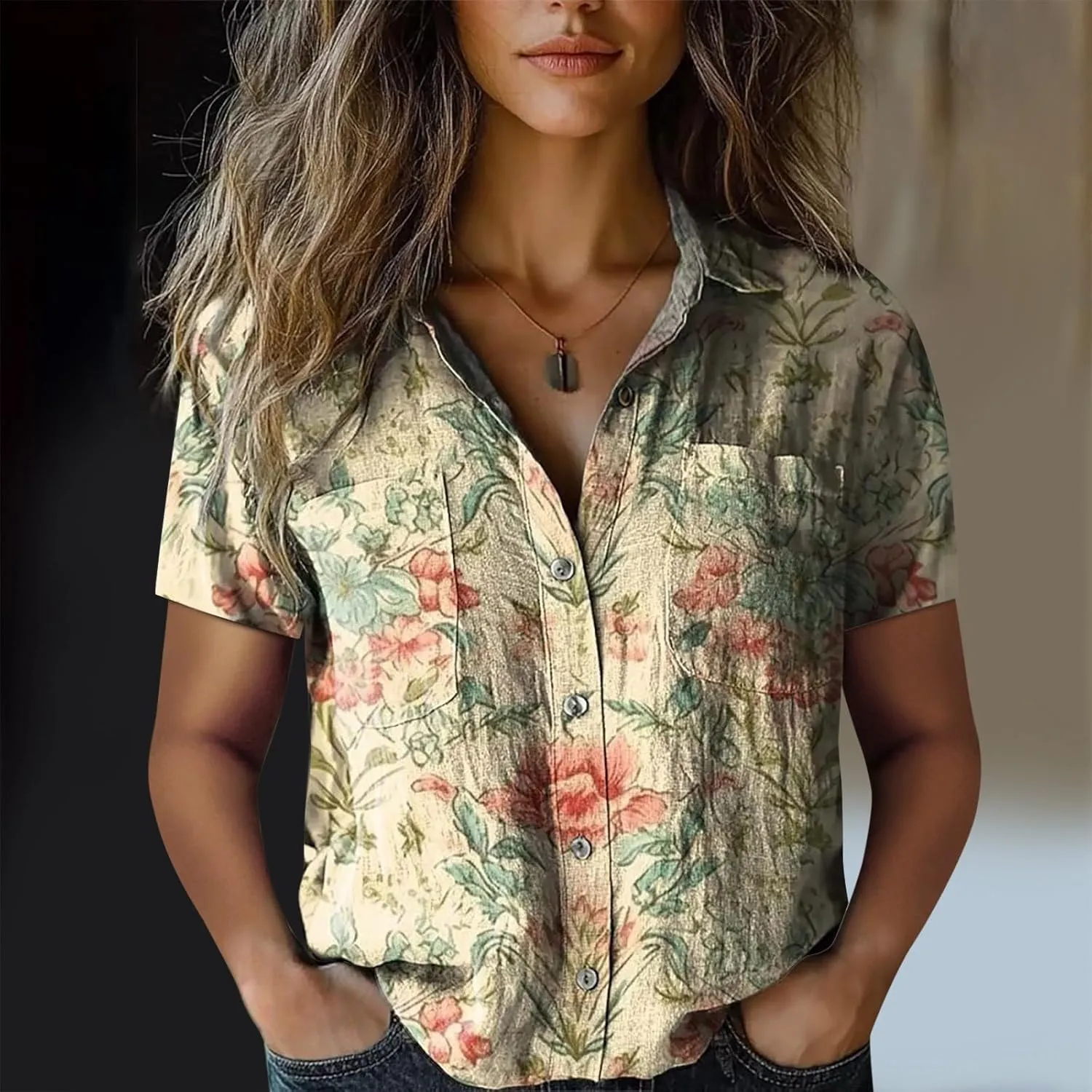 Summer Tops for Women 2025 Trendy V Neck Collared Button-up Gauze Colorful Stripe Print Tops Fashion 2025