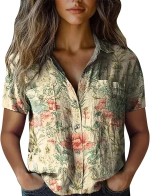 Summer Tops for Women 2025 Trendy V Neck Collared Button-up Gauze Colorful Stripe Print Tops Fashion 2025