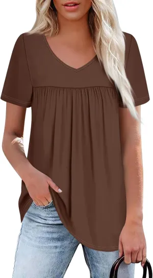Summer Tops for Women 2025 Trendy V Neck Short Sleeve Pleated Front Shirts Dressy Casual Blouses Loose Fit Tunics