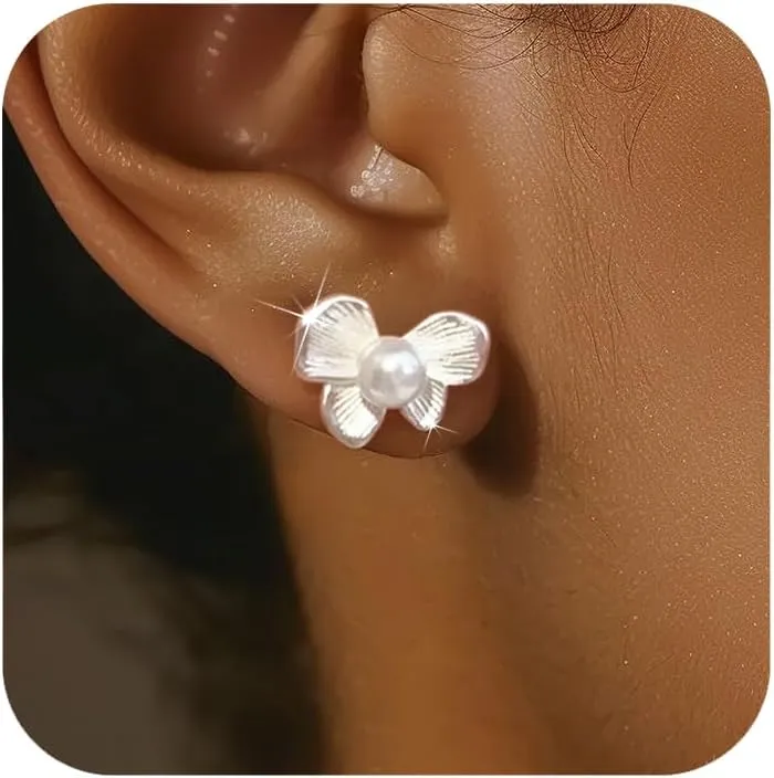 SUYACS Pearl Flower Stud Earrings for Women 925 Sterling Silver Cute Floral Earring to Daughter Elegant Shell Pearl Earring Jewelry Bithday Wedding Gifts for Wife Sister Daughter