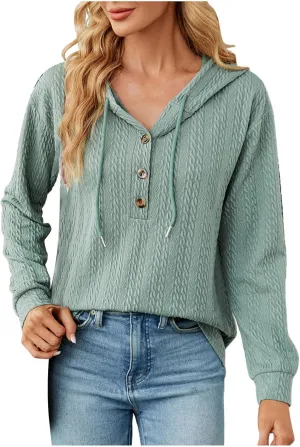 Sweater Hoodies for Women 2023 Long Sleeve Casual Button V Neck Hooded Tops Oversized Pullover Sweatshirt