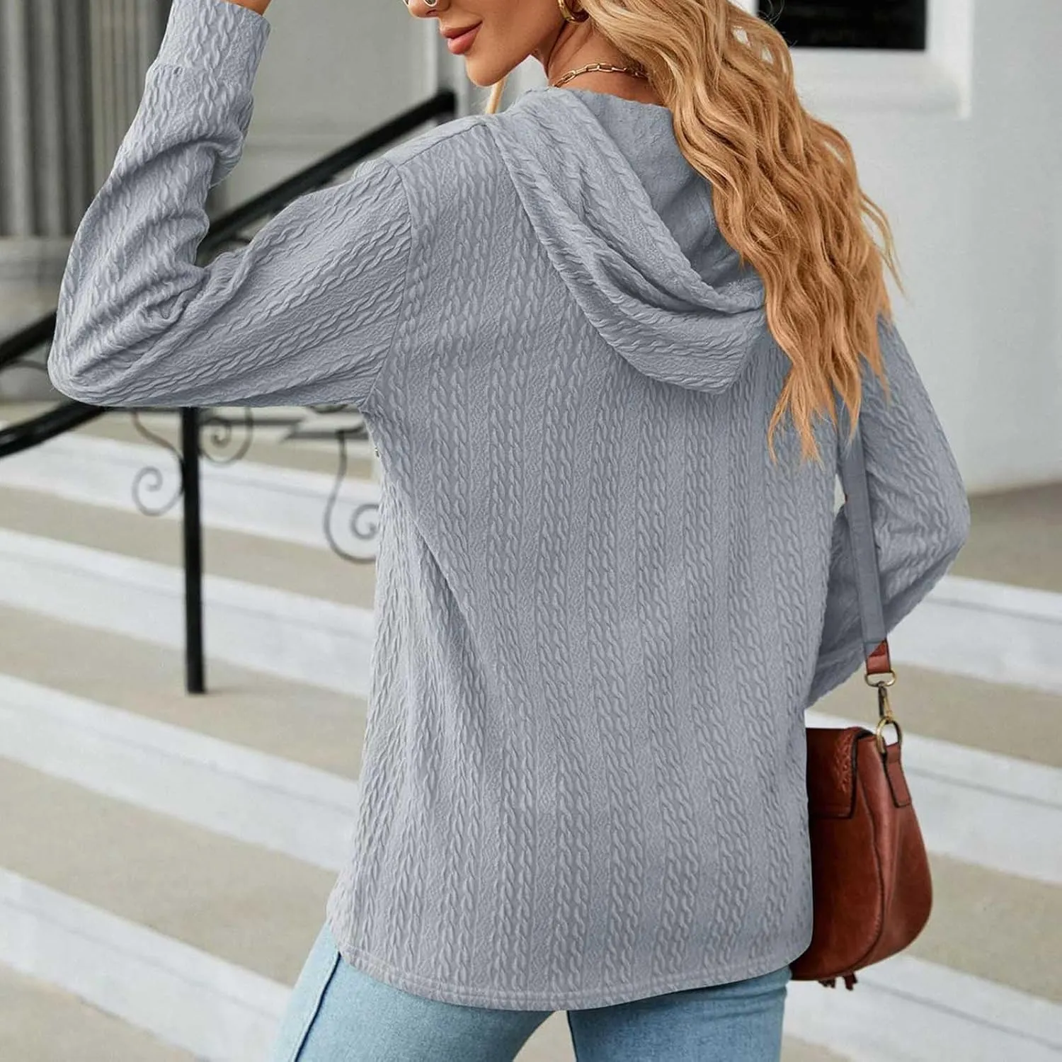 Sweater Hoodies for Women 2023 Long Sleeve Casual Button V Neck Hooded Tops Oversized Pullover Sweatshirt
