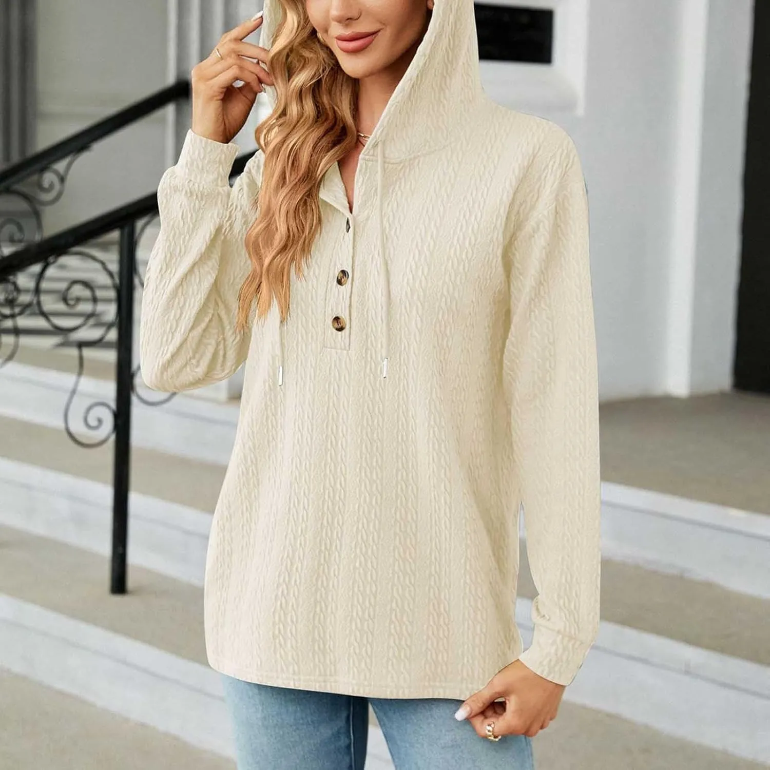 Sweater Hoodies for Women 2023 Long Sleeve Casual Button V Neck Hooded Tops Oversized Pullover Sweatshirt