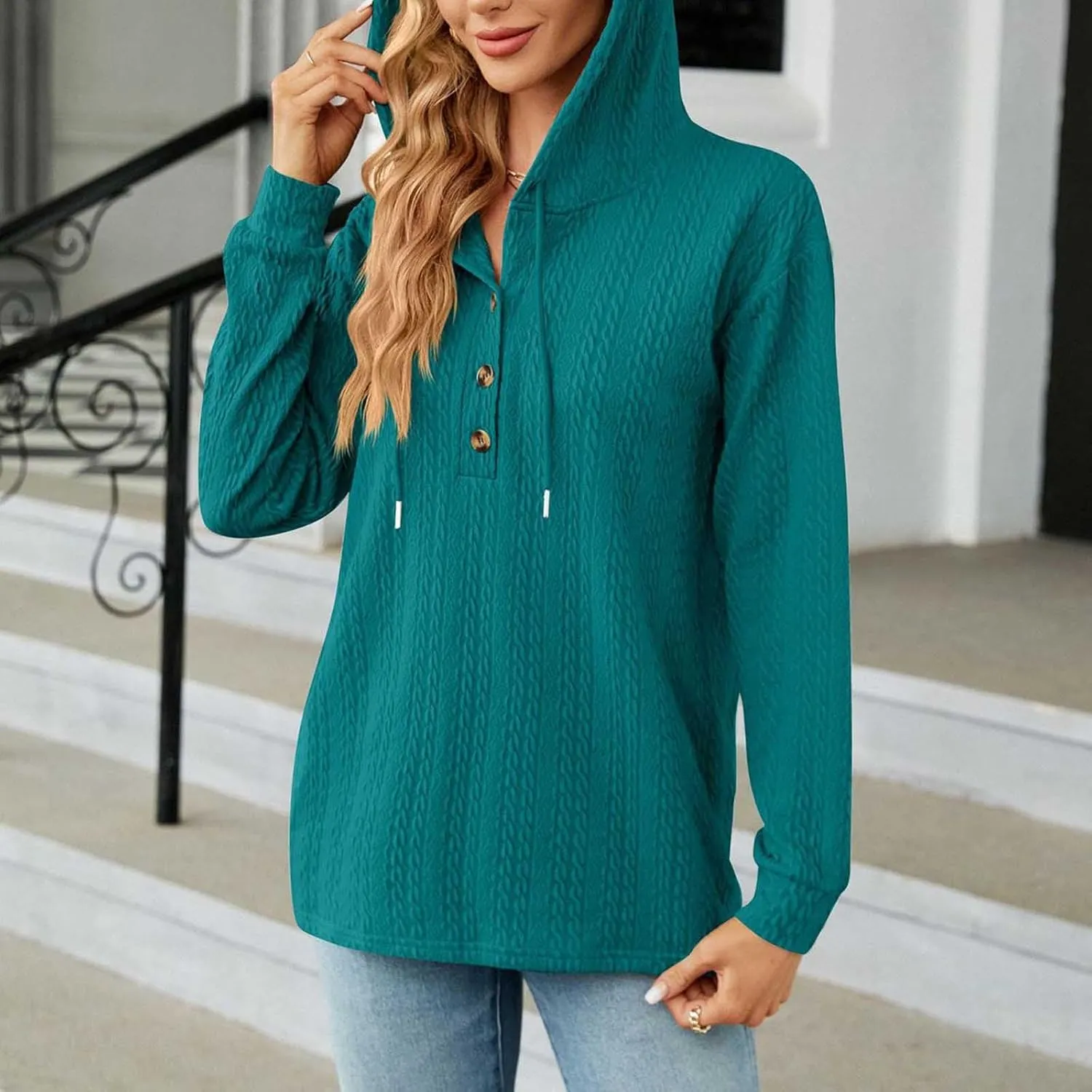 Sweater Hoodies for Women 2023 Long Sleeve Casual Button V Neck Hooded Tops Oversized Pullover Sweatshirt