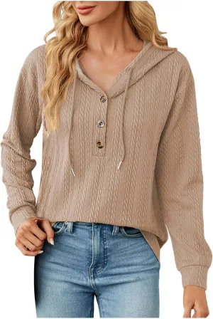 Sweater Hoodies for Women 2023 Long Sleeve Casual Button V Neck Hooded Tops Oversized Pullover Sweatshirt