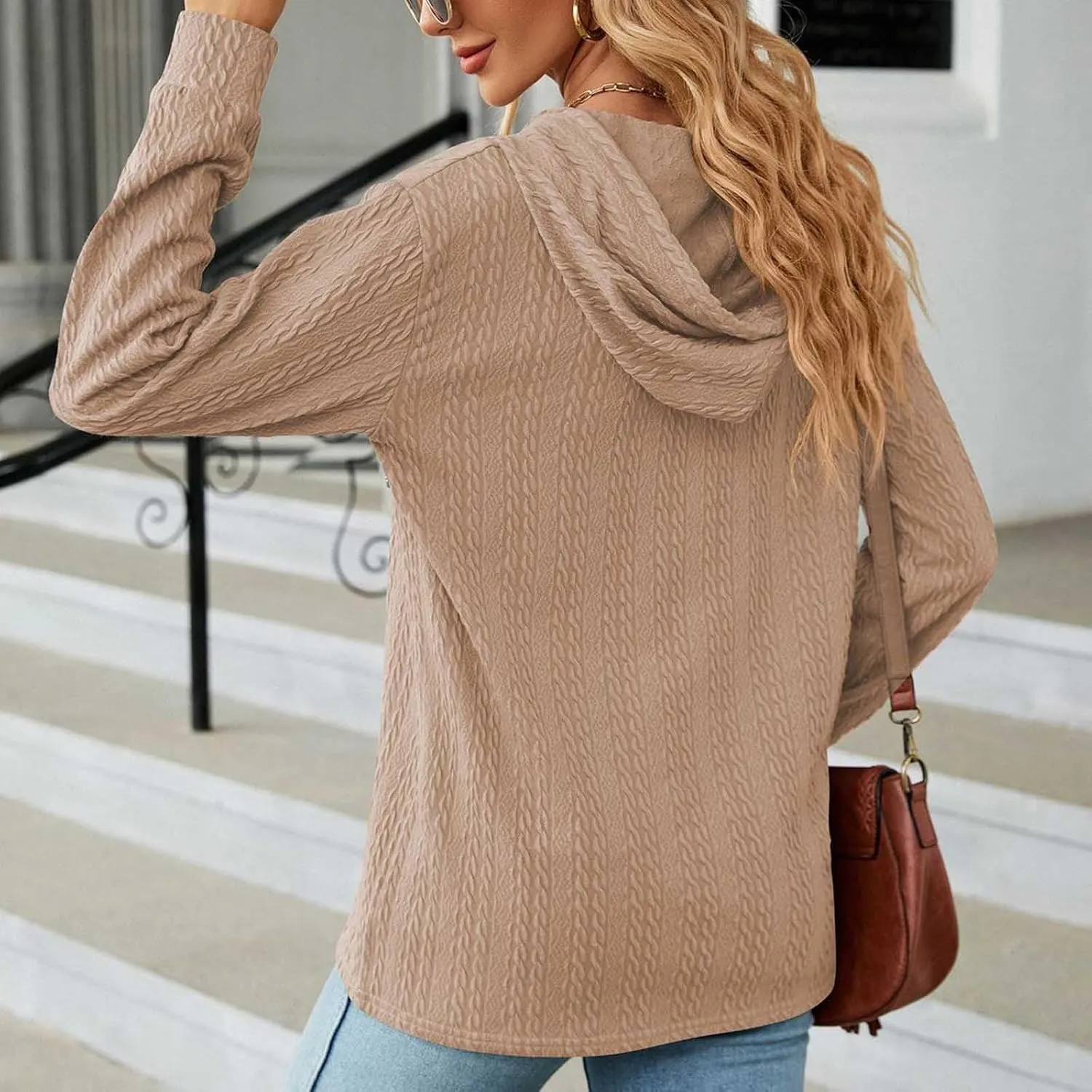 Sweater Hoodies for Women 2023 Long Sleeve Casual Button V Neck Hooded Tops Oversized Pullover Sweatshirt