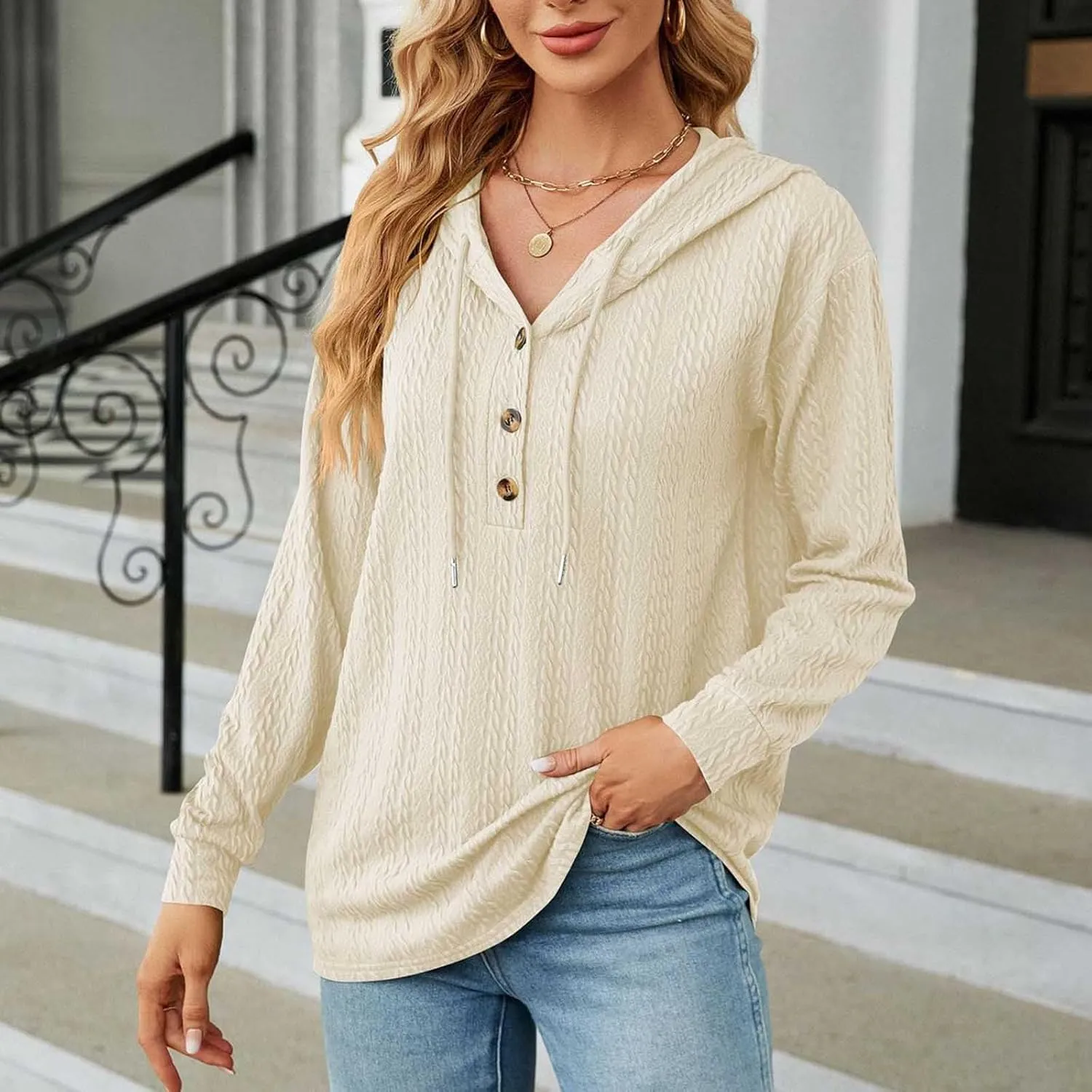 Sweater Hoodies for Women 2023 Long Sleeve Casual Button V Neck Hooded Tops Oversized Pullover Sweatshirt